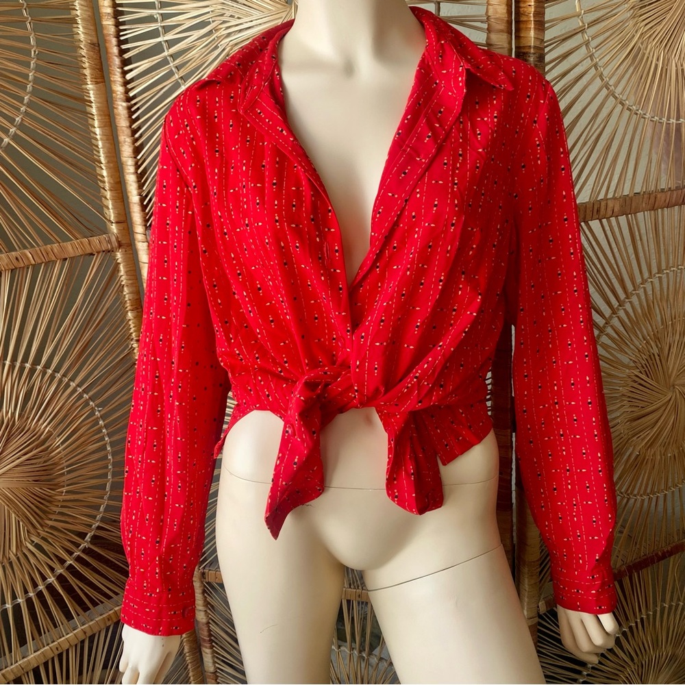 Vintage 80s 90s Red Button Up Blouse Size 8